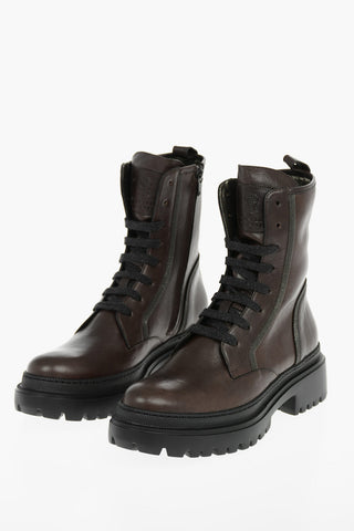 Textured Leather Combat Boots with Microbeads Detailing