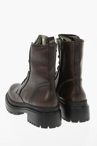 Textured Leather Combat Boots with Microbeads Detailing