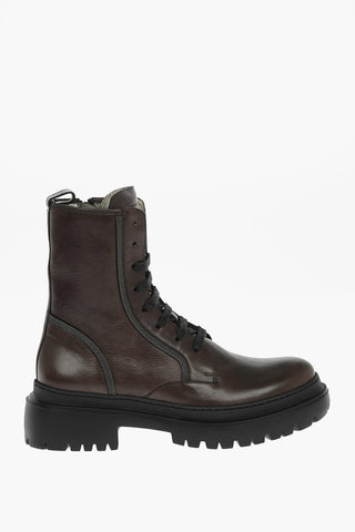 Textured Leather Combat Boots with Microbeads Detailing
