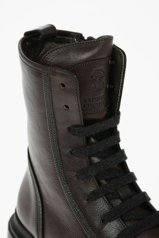 Textured Leather Combat Boots with Microbeads Detailing