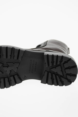 Textured Leather Combat Boots with Microbeads Detailing