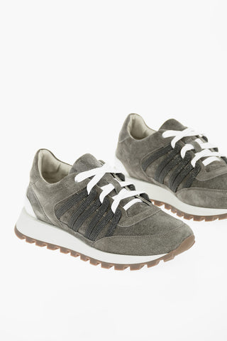 Sneakers Basse in Suede con Dettagli in Microperline