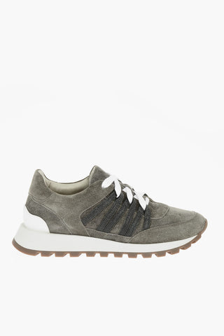 Sneakers Basse in Suede con Dettagli in Microperline