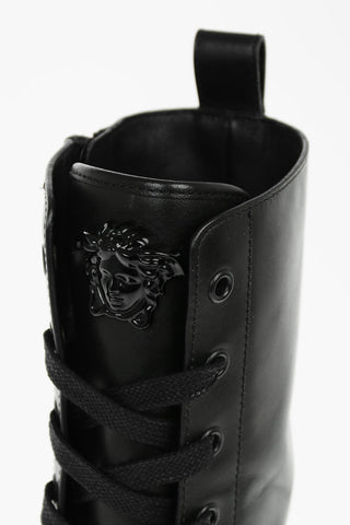 Medusa Logoed Leather Combat Boots with Statement Sole 12cm