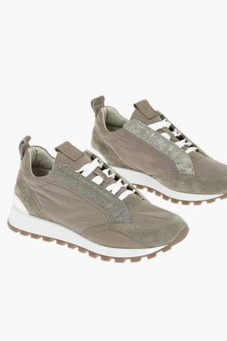 Sneakers Basse in Nylon con Dettagli in Suede e Microperline