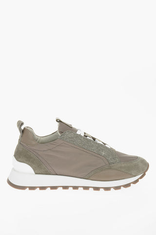 Nylon Low-top Sneakers with Suede and Microbeads Detailing