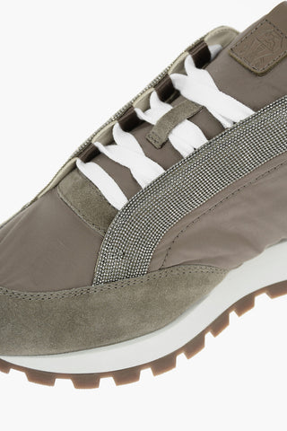 Sneakers Basse in Nylon con Dettagli in Suede e Microperline