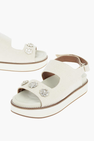Jute Sandals with Rhinestoned Floral Embellishments