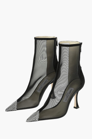 Suede Leather NAIDOO Meshed Ankle Booties with Rhinestoned Pointed Toe 9cm