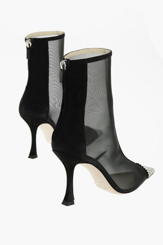 Suede Leather NAIDOO Meshed Ankle Booties with Rhinestoned Pointed Toe 9cm