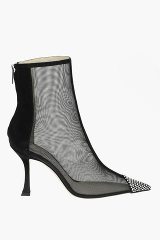 Suede Leather NAIDOO Meshed Ankle Booties with Rhinestoned Pointed Toe 9cm