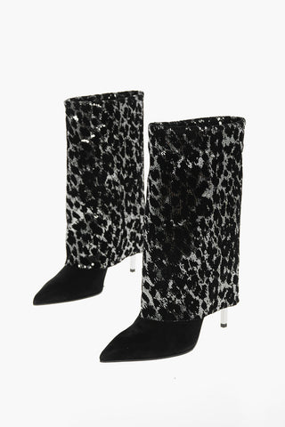 Suede Leather BABETTE Fold-over Booties with Sequined Leopard Lining 10,5cm