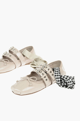 Leather Ballerinas with Double Buckle and Contrasting ribbon