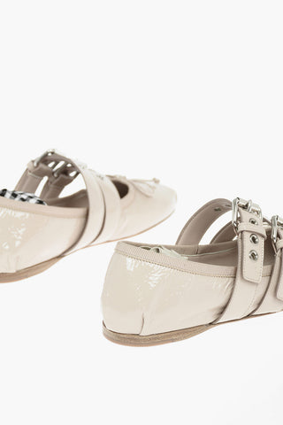 Leather Ballerinas with Double Buckle and Contrasting ribbon