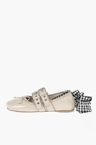 Leather Ballerinas with Double Buckle and Contrasting ribbon