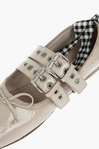 Leather Ballerinas with Double Buckle and Contrasting ribbon