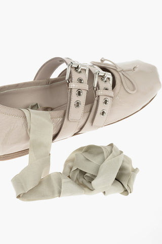Leather Ballerinas with Double Buckle and Contrasting ribbon