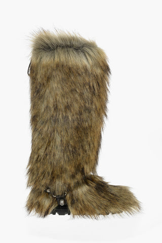 Faux-furred Knee-high Boots embellished with Studded Buckle