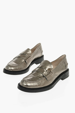 Cracked Leather Loafers Metallic Effect