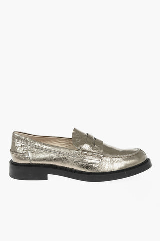 Cracked Leather Loafers Metallic Effect