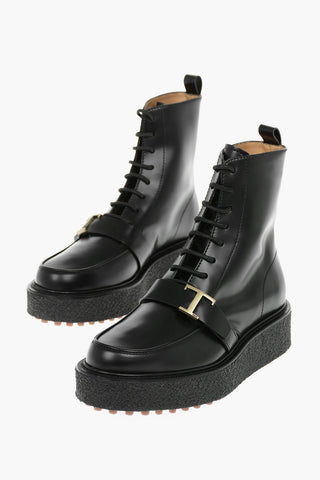 Leather Combat Boots With Platform Sole And Buckle