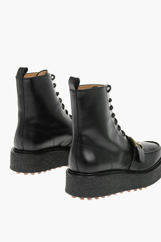 Leather Combat Boots With Platform Sole And Buckle