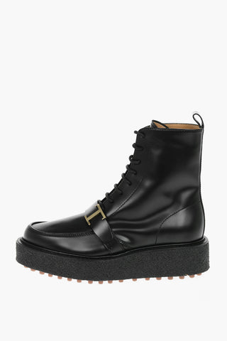 Leather Combat Boots With Platform Sole And Buckle