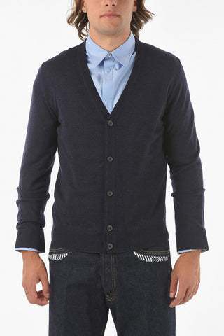 MM14 Wool V-Neck Cardigan with Leather Patch