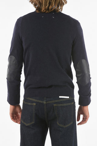 MM14 Wool V-Neck Cardigan with Leather Patch 