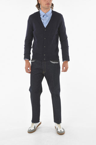 MM14 Wool V-Neck Cardigan with Leather Patch 