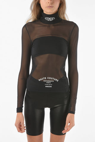 Top Mesh A Collo Alto con Logo in Lettering
