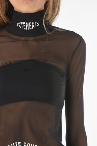 Top Mesh A Collo Alto con Logo in Lettering