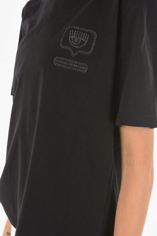 T-Shirt Girocollo in Cotone con Logo Glitterato
