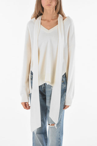 Cashmere Asymmetrical Sweater with Tie-embellished V-neck