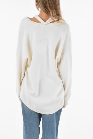 Cashmere Asymmetrical Sweater with Tie-embellished V-neck