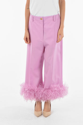 Pantaloni Crop In Lana Con Piume Di Struzzo