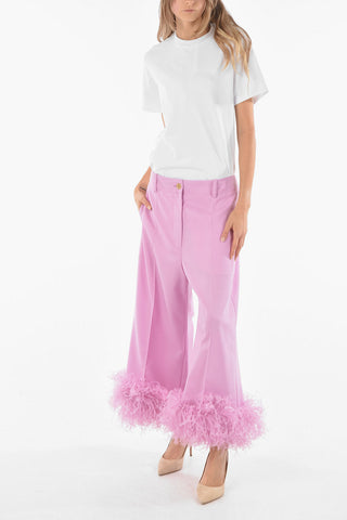 Pantaloni Crop In Lana Con Piume Di Struzzo