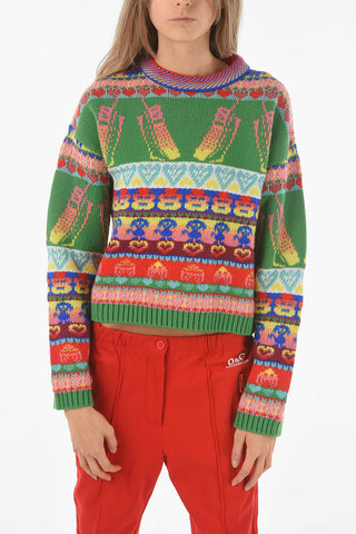 Crew Neck Abstract Motif Wool Blend Pullover