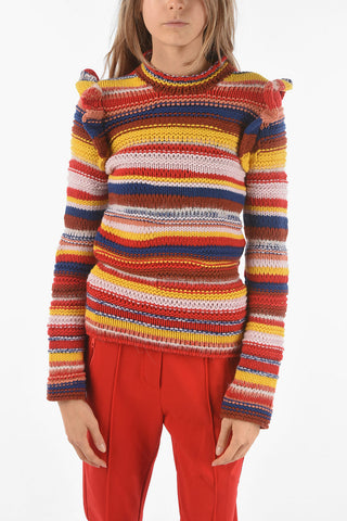 Striped Cashmere Blend Pullover with Ruffles