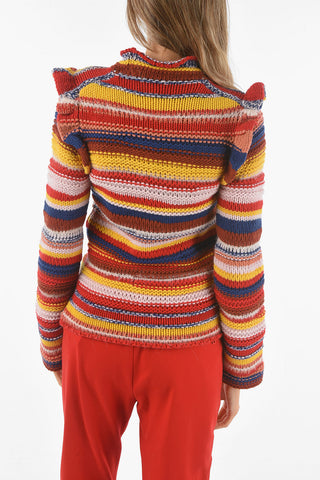 Striped Cashmere Blend Pullover with Ruffles