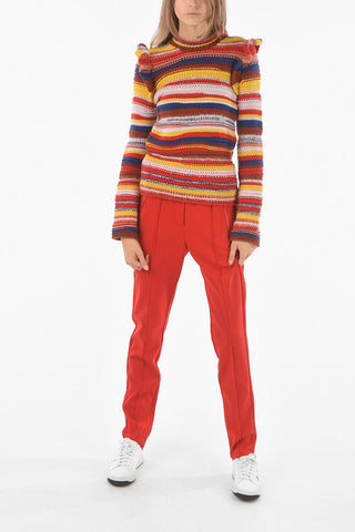 Striped Cashmere Blend Pullover with Ruffles