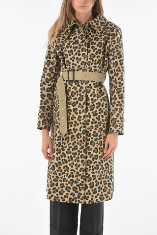 Leopard Printed Bonded Cotton Trench with Waist Belt