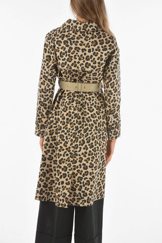 Leopard Printed Bonded Cotton Trench with Waist Belt