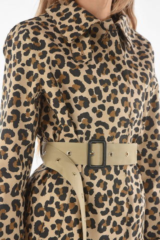 Leopard Printed Bonded Cotton Trench with Waist Belt