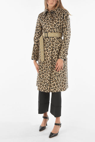 Leopard Printed Bonded Cotton Trench with Waist Belt