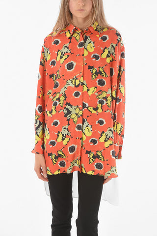 X JOE BRAINARD Asymmetrical PANSIES Silk Blend Shirt with Butterflies Print