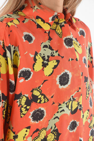 X JOE BRAINARD Asymmetrical PANSIES Silk Blend Shirt with Butterflies Print