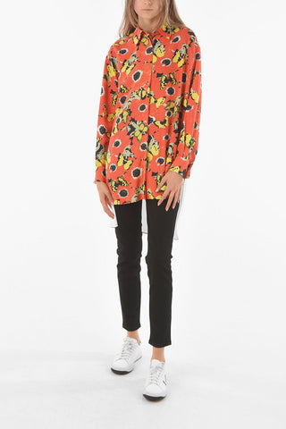 X JOE BRAINARD Asymmetrical PANSIES Silk Blend Shirt with Butterflies Print