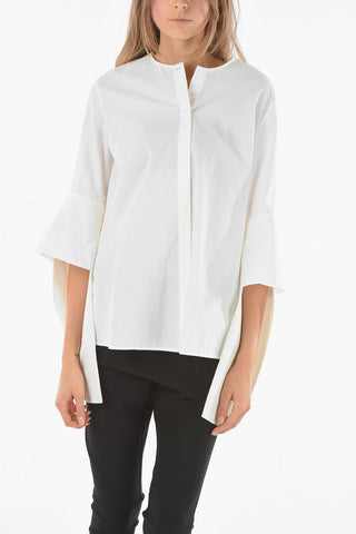 Textured Cotton Collarless Shirt with Voluminous Sleeves