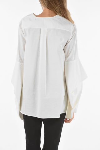 Textured Cotton Collarless Shirt with Voluminous Sleeves